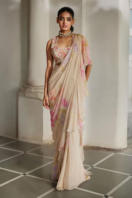 Buy Paulmi And Harsh Ivory Chiffon Embroidery, Fringe, Ruffle Printed Pre-draped Saree With Blouse Online at Aza Fashions Buy_Paulmi And Harsh_Ivory Chiffon Embroidery, Fringe, Ruffle Printed Pre-draped Saree With Blouse _Online_at_Aza_Fashions