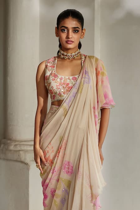 Paulmi And Harsh Ivory Chiffon Embroidery, Fringe, Ruffle Printed Pre-draped Saree With Blouse at Aza Fashions Paulmi And Harsh_Ivory Chiffon Embroidery, Fringe, Ruffle Printed Pre-draped Saree With Blouse _at_Aza_Fashions