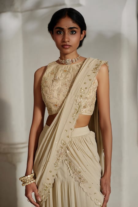 Paulmi And Harsh_Ivory Georgette, Satin Embroidery, Sequins, Tiered Pre-draped Saree With Blouse _Online_at_Aza_Fashions