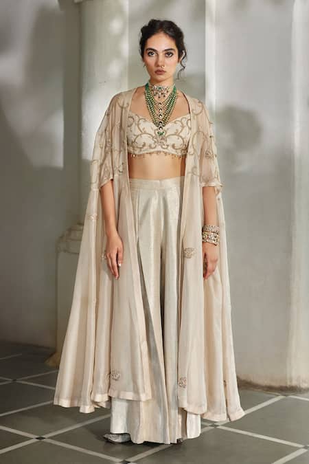 Paulmi And Harsh Couchni Embroidered Cape Palazzo Set 