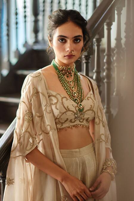 Shop Paulmi And Harsh Beige Silk Embroidery Sweetheart , Open Couchni Cape Palazzo Set Online at Aza Fashions Shop_Paulmi And Harsh_Beige Silk Embroidery Sweetheart , Open Couchni Cape Palazzo Set _Online_at_Aza_Fashions