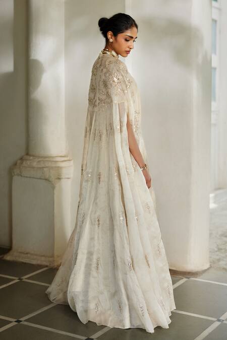 Buy_Paulmi And Harsh_Ivory Jacquard Sweetheart , High Hand Embroidered Cape With Anarkali _Online_at_Aza_Fashions