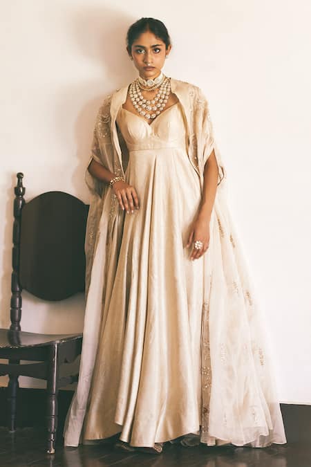 Shop_Paulmi And Harsh_Ivory Jacquard Sweetheart , High Hand Embroidered Cape With Anarkali _Online_at_Aza_Fashions