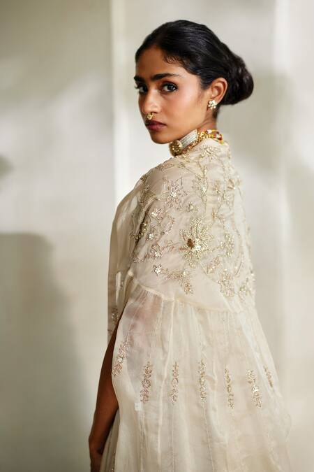 Paulmi And Harsh_Ivory Jacquard Sweetheart , High Hand Embroidered Cape With Anarkali _at_Aza_Fashions