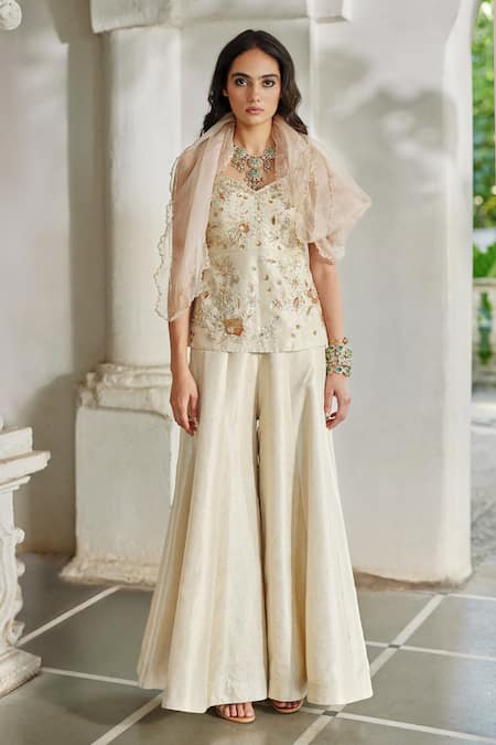 Paulmi And Harsh_Ivory Jacquard, Net Embroidery, Metallic Thread Hand Corset Kurta With Palazzo _Online_at_Aza_Fashions