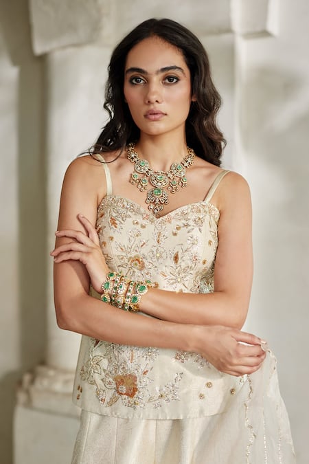 Shop_Paulmi And Harsh_Ivory Jacquard, Net Embroidery, Metallic Thread Hand Corset Kurta With Palazzo _Online_at_Aza_Fashions