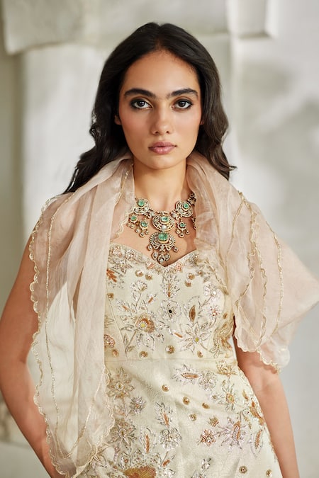 Paulmi And Harsh_Ivory Jacquard, Net Embroidery, Metallic Thread Hand Corset Kurta With Palazzo _at_Aza_Fashions