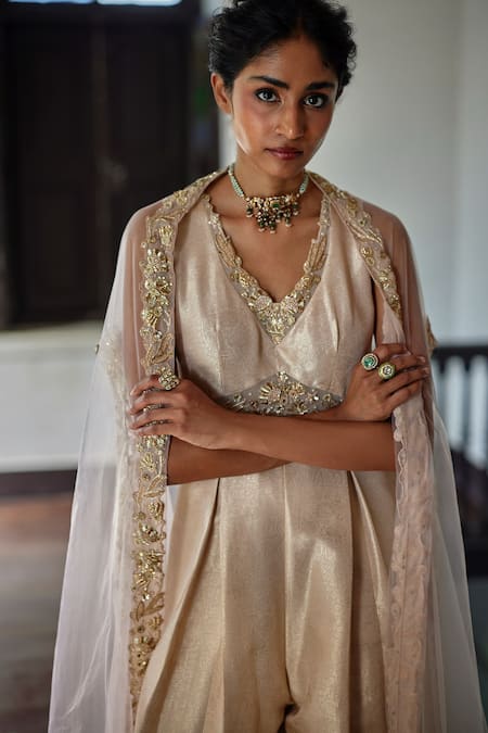 Buy_Paulmi And Harsh_Rose Gold Jacquard Embroidery, Metallic Thread Flower Woven Jumpsuit With Cape _Online_at_Aza_Fashions