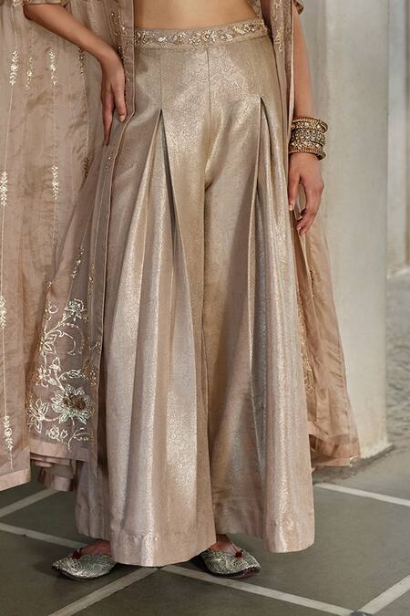 Shop Paulmi And Harsh Gold Jacquard, Shantoon, Net Embroidery, Sequins V-neck, Round Cape Palazzo Set Online at Aza Fashions Shop_Paulmi And Harsh_Gold Jacquard, Shantoon, Net Embroidery, Sequins V-neck, Round Cape Palazzo Set _Online_at_Aza_Fashions