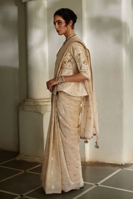 Shop Paulmi And Harsh Gold Jacquard, Satin Lace, Embroidery Collared, Floral Saree With Peplum Top Online at Aza Fashions Shop_Paulmi And Harsh_Gold Jacquard, Satin Lace, Embroidery Collared, Floral Saree With Peplum Top _Online_at_Aza_Fashions