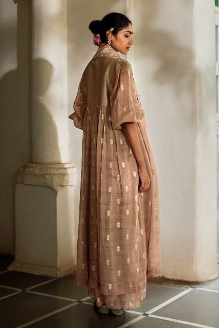 Buy_Paulmi And Harsh_Brown Jacquard, Shantoon Embroidery High Neck, Floral Woven Tunic With Jacket _Online_at_Aza_Fashions