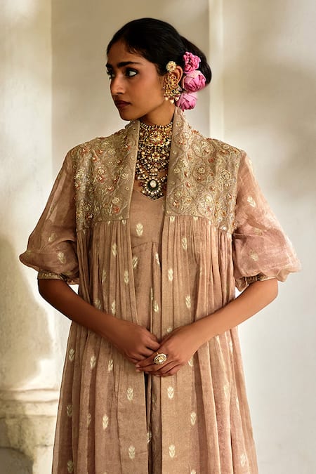 Shop_Paulmi And Harsh_Brown Jacquard, Shantoon Embroidery High Neck, Floral Woven Tunic With Jacket _Online_at_Aza_Fashions