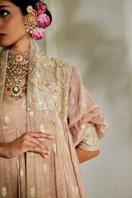 Paulmi And Harsh_Brown Jacquard, Shantoon Embroidery High Neck, Floral Woven Tunic With Jacket _at_Aza_Fashions