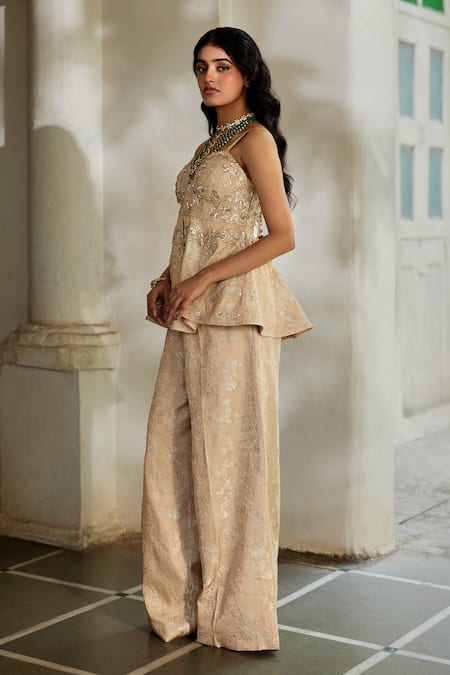 Paulmi And Harsh Cream Jacquard Embroidery, Sequins Sweetheart Hand Peplum Top And Trouser Set Online at Aza Fashions Paulmi And Harsh_Cream Jacquard Embroidery, Sequins Sweetheart Hand Peplum Top And Trouser Set _Online_at_Aza_Fashions