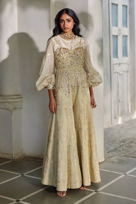 Paulmi And Harsh_Green Jacquard, Shantoon Embroidery, Sequins, Zari Zardozi Jumpsuit With Shirt _Online_at_Aza_Fashions