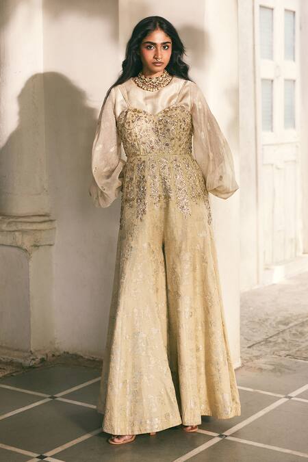 Buy_Paulmi And Harsh_Green Jacquard, Shantoon Embroidery, Sequins, Zari Zardozi Jumpsuit With Shirt _Online_at_Aza_Fashions