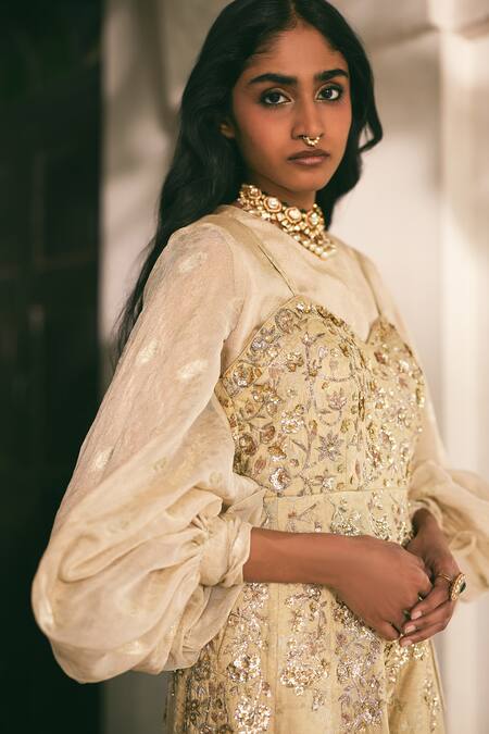 Shop_Paulmi And Harsh_Green Jacquard, Shantoon Embroidery, Sequins, Zari Zardozi Jumpsuit With Shirt _Online_at_Aza_Fashions