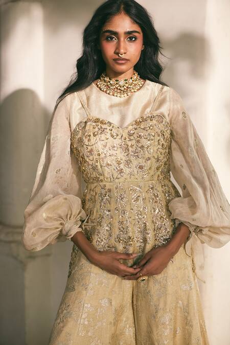 Paulmi And Harsh_Green Jacquard, Shantoon Embroidery, Sequins, Zari Zardozi Jumpsuit With Shirt _at_Aza_Fashions