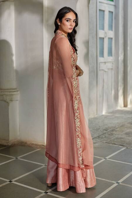 Buy_Paulmi And Harsh_Peach Jacquard Embroidery, Zari V-, Open Zardozi Jumpsuit With Cape _Online_at_Aza_Fashions