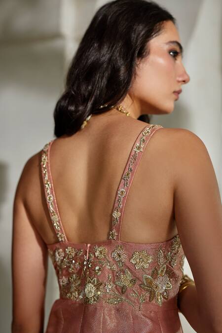 Shop_Paulmi And Harsh_Peach Jacquard Embroidery, Zari V-, Open Zardozi Jumpsuit With Cape _Online_at_Aza_Fashions