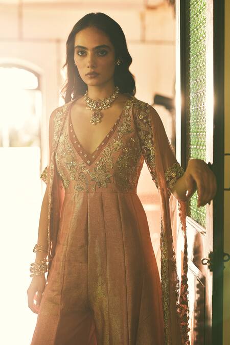 Paulmi And Harsh_Peach Jacquard Embroidery, Zari V-, Open Zardozi Jumpsuit With Cape _at_Aza_Fashions