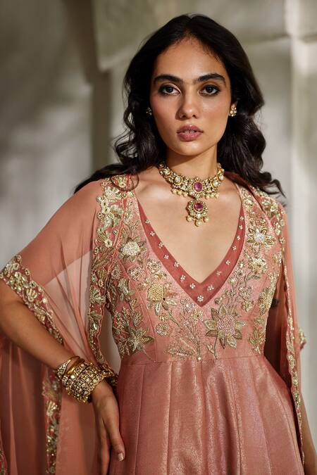 Buy_Paulmi And Harsh_Peach Jacquard Embroidery, Zari V-, Open Zardozi Jumpsuit With Cape 