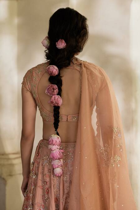 Shop Paulmi And Harsh Peach Gabardine, Shantoon, Organza Floral Pattern 16 Kali Lehenga Set Shop_Paulmi And Harsh_Peach Gabardine, Shantoon, Organza Floral Pattern 16 Kali Lehenga Set