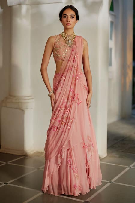Paulmi And Harsh Garden Print Pre-Draped Saree With Blouse 