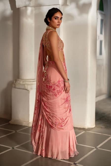Paulmi And Harsh_Pink Chiffon Sequins, Embroidery Garden Print Pre-draped Saree With Blouse _Online_at_Aza_Fashions