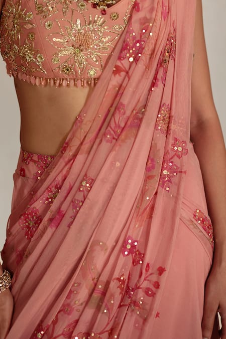 Paulmi And Harsh_Pink Chiffon Sequins, Embroidery Garden Print Pre-draped Saree With Blouse _at_Aza_Fashions