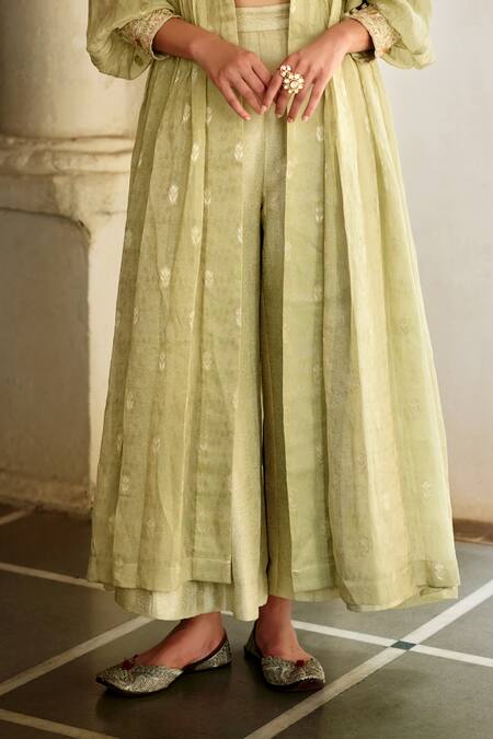 Shop Paulmi And Harsh Green Jacquard Embroidery, Sequins, Stones V-, Open Jacket Palazzo Set Online at Aza Fashions Shop_Paulmi And Harsh_Green Jacquard Embroidery, Sequins, Stones V-, Open Jacket Palazzo Set _Online_at_Aza_Fashions