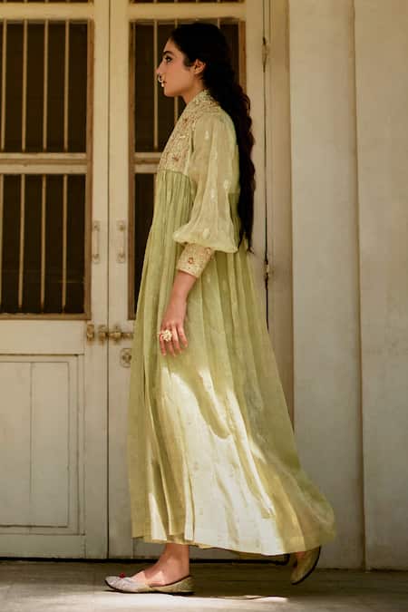 Paulmi And Harsh Green Jacquard Embroidery, Sequins, Stones V-, Open Jacket Palazzo Set at Aza Fashions Paulmi And Harsh_Green Jacquard Embroidery, Sequins, Stones V-, Open Jacket Palazzo Set _at_Aza_Fashions