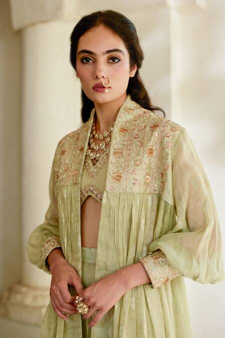 Buy Paulmi And Harsh Green Jacquard Embroidery, Sequins, Stones V-, Open Jacket Palazzo Set Buy_Paulmi And Harsh_Green Jacquard Embroidery, Sequins, Stones V-, Open Jacket Palazzo Set