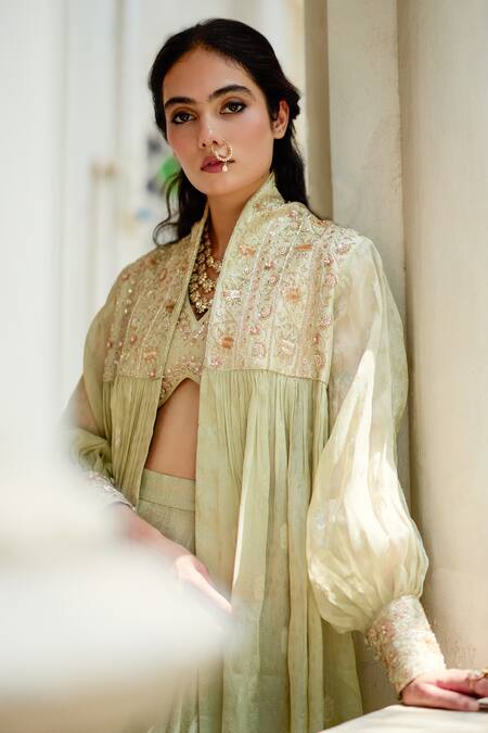 Shop Paulmi And Harsh Green Jacquard Embroidery, Sequins, Stones V-, Open Jacket Palazzo Set Shop_Paulmi And Harsh_Green Jacquard Embroidery, Sequins, Stones V-, Open Jacket Palazzo Set