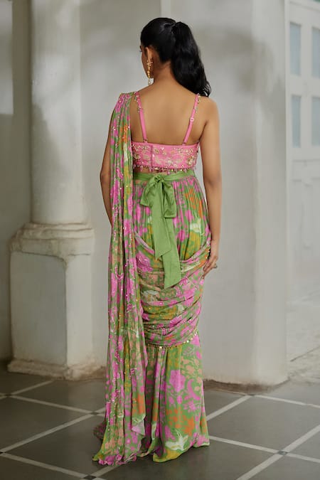 Paulmi And Harsh Floral Print Pre-Draped Saree With Blouse 