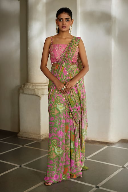 Paulmi And Harsh Floral Print Pre-Draped Saree With Blouse 