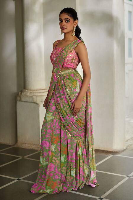Paulmi And Harsh_Pink Georgette Embroidery, Sequins Floral Print Pre-draped Saree With Blouse _Online_at_Aza_Fashions