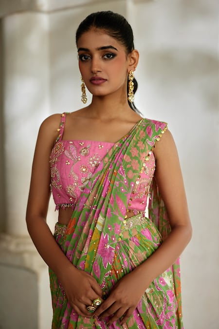 Buy_Paulmi And Harsh_Pink Georgette Embroidery, Sequins Floral Print Pre-draped Saree With Blouse _Online_at_Aza_Fashions