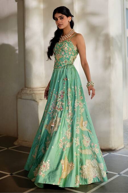 Paulmi And Harsh_Blue Organza Sequins, Embroidery, Zari Sweetheart Neck Lehenga Set _Online_at_Aza_Fashions