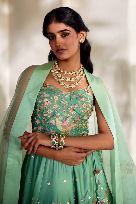 Buy_Paulmi And Harsh_Blue Organza Sequins, Embroidery, Zari Sweetheart Neck Lehenga Set _Online_at_Aza_Fashions