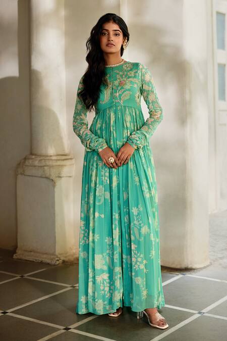 Paulmi And Harsh_Aqua Georgette, Shantoon, Organza Embroidery Floral Print Anarkali With Dupatta _Online_at_Aza_Fashions