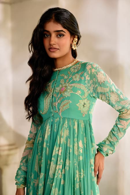 Buy_Paulmi And Harsh_Aqua Georgette, Shantoon, Organza Embroidery Floral Print Anarkali With Dupatta _Online_at_Aza_Fashions