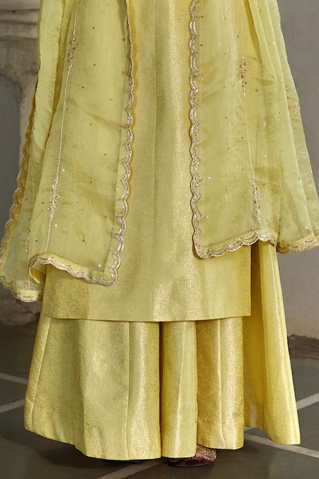 Paulmi And Harsh Yellow Organza Sequins, Zari Round Neck Floral Woven Kurta Palazzo Set at Aza Fashions Paulmi And Harsh_Yellow Organza Sequins, Zari Round Neck Floral Woven Kurta Palazzo Set _at_Aza_Fashions