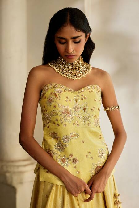 Paulmi And Harsh_Yellow Jacquard Sequins, Embroidery, Zari Sweetheart Zardozi Corset And Skirt Set _at_Aza_Fashions