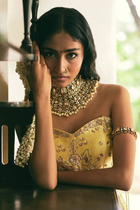 Buy_Paulmi And Harsh_Yellow Jacquard Sequins, Embroidery, Zari Sweetheart Zardozi Corset And Skirt Set 