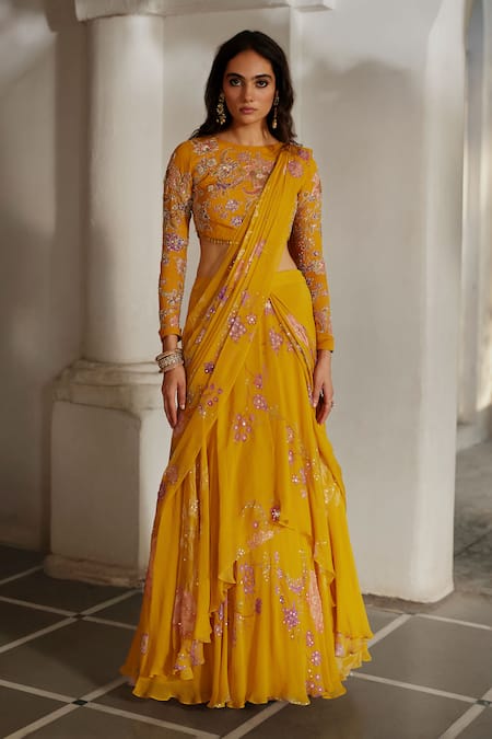 Paulmi And Harsh Botanical Print Pre-Draped Saree With Blouse 