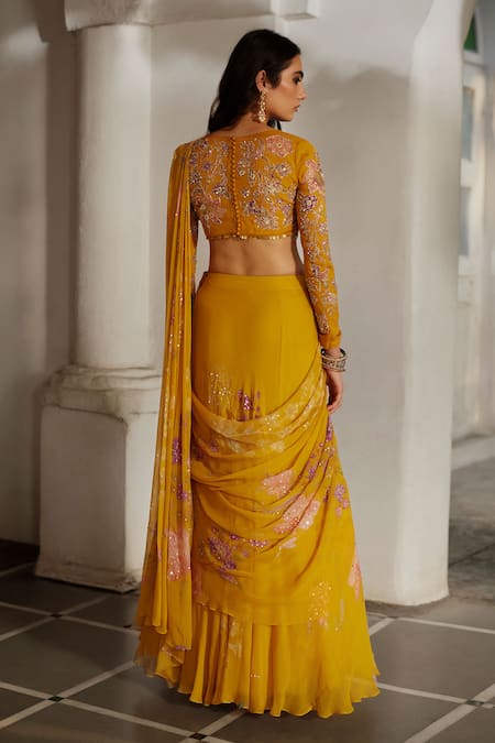 Paulmi And Harsh Yellow Chiffon, Organza Sequins, Botanical Print Pre-draped Saree With Blouse Online at Aza Fashions Paulmi And Harsh_Yellow Chiffon, Organza Sequins, Botanical Print Pre-draped Saree With Blouse _Online_at_Aza_Fashions