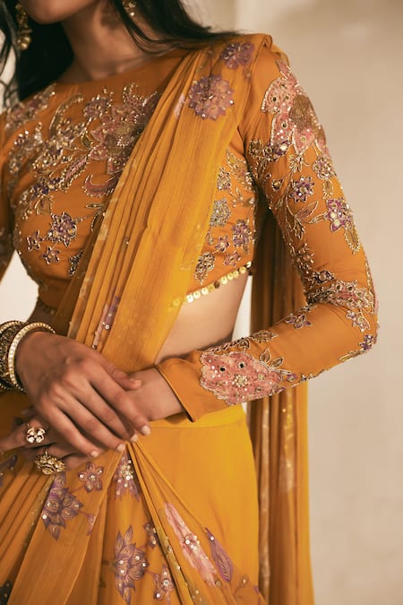 Paulmi And Harsh Yellow Chiffon, Organza Sequins, Botanical Print Pre-draped Saree With Blouse at Aza Fashions Paulmi And Harsh_Yellow Chiffon, Organza Sequins, Botanical Print Pre-draped Saree With Blouse _at_Aza_Fashions