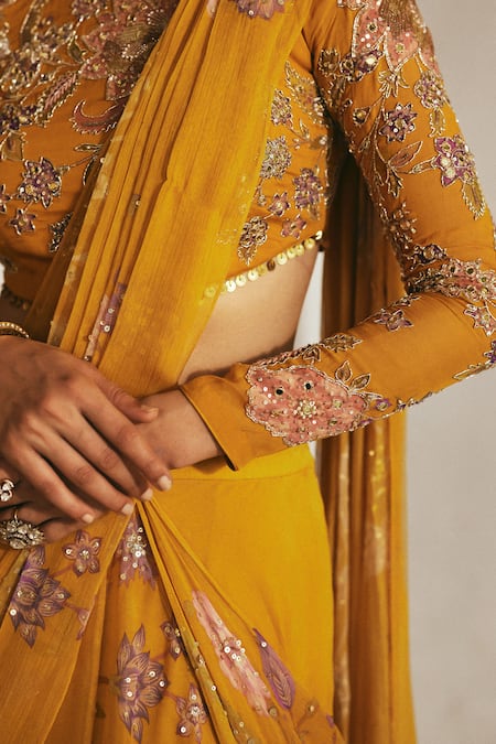 Buy Paulmi And Harsh Yellow Chiffon, Organza Sequins, Botanical Print Pre-draped Saree With Blouse Buy_Paulmi And Harsh_Yellow Chiffon, Organza Sequins, Botanical Print Pre-draped Saree With Blouse