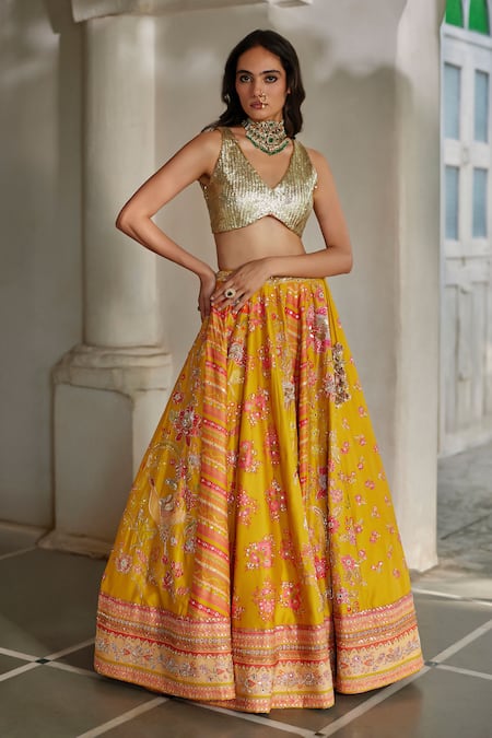 Shop_Paulmi And Harsh_Yellow Shantoon, Organza Embroidery, Sequins, Florette Print 16 Kali Lehenga Set _Online_at_Aza_Fashions